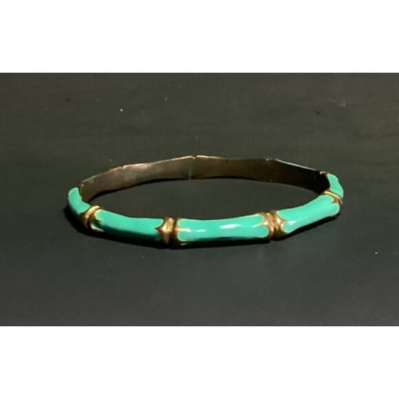 Vtg Fornash Gold Tone Metal and Pastel Teal Enamel Bangle Bracelet Bamboo Design - Picture 4 of 9